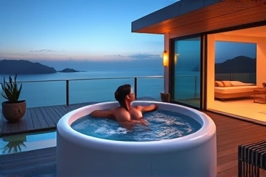 Couple relaxing in Jeju villa jacuzzi, private luxury